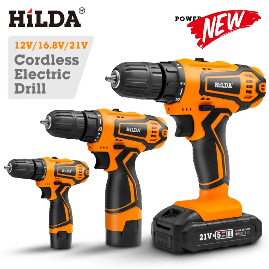 HILDA 12V 16.8V 21V Cordless Drill Electric Screwdriver Mini Wireless Power Driver DC Lithium-Ion Battery Power Tools